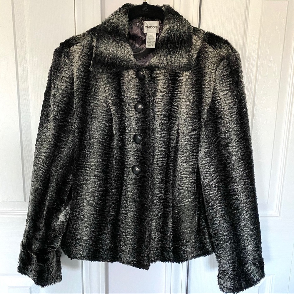 Chicos Fuzzy Cropped Silver & Black Jacket Size 0